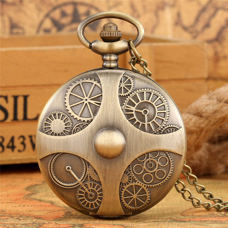 Steampunk Bronze Pocket Watch Gear Design Alloy Case Unisex Quartz