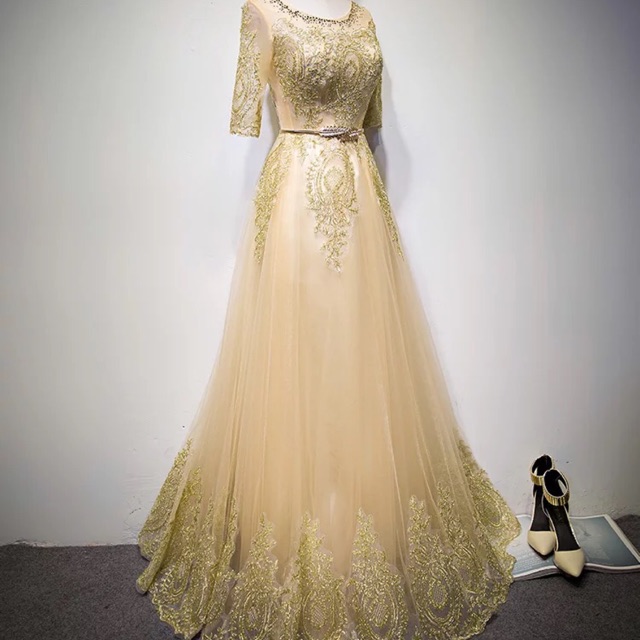Elegant Long Gold Dinner Dress | Shopee Malaysia