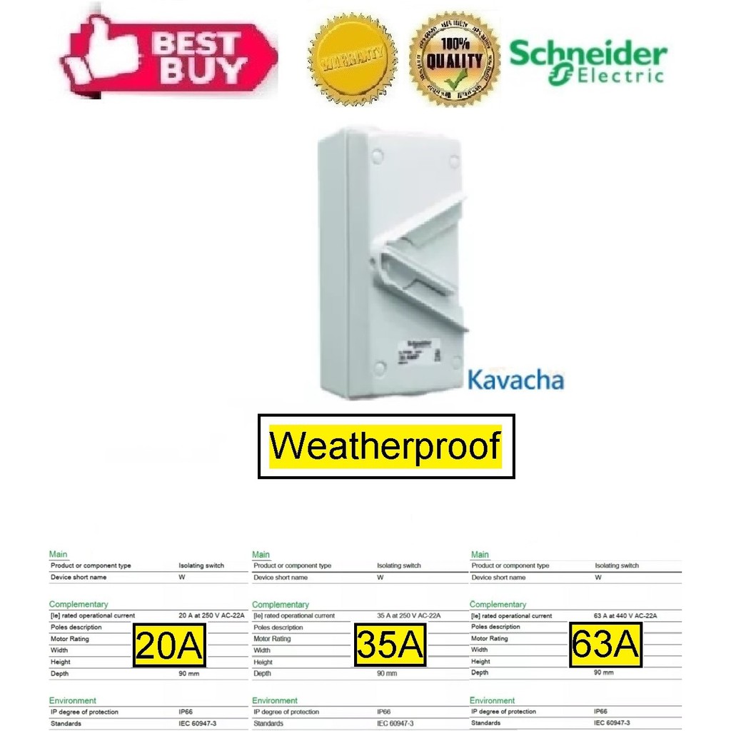 Schneider 3 Pole Isolator Switch/Weatherproof Surface Switch (IP66