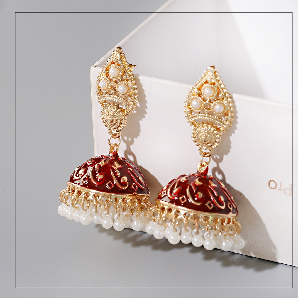 Ethnic Retro Gold Carved Indian Jhumka Earrings For Women Vintage Sector Pearl Bell Tassel Dangling Earrings Valentine's Day