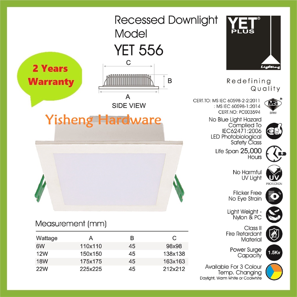 Yetplus 556/561/566 18W Led Downlight with Sirim Lampu downlight siling ...