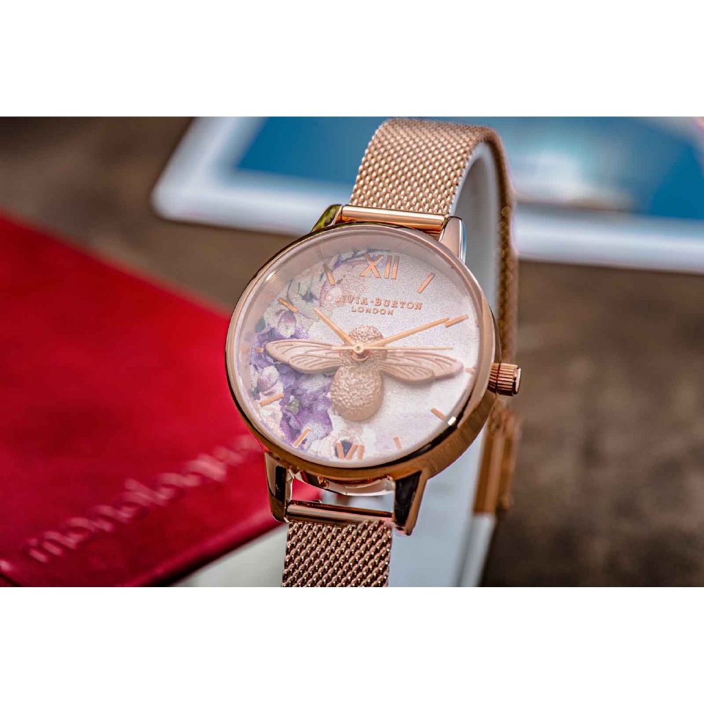 OFFICIAL WARRANTY Olivia Burton OB16PP40 Quartz 3D Bee Floral Dial Rose Gold Tone Stainless Steel Mesh Strap Watch Shopee Malaysia