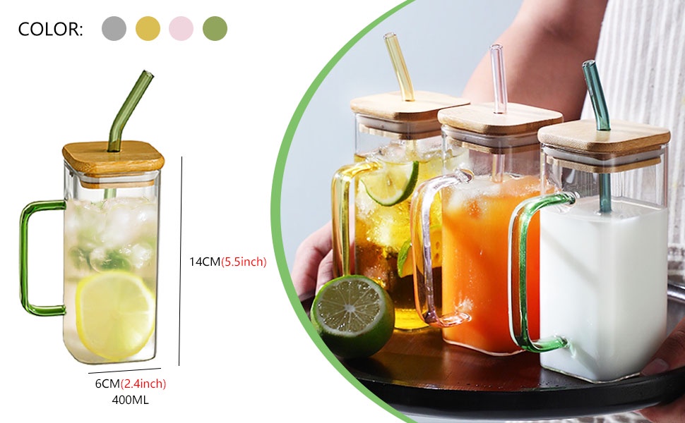 Straw Cup 400ml Square Glass Cup With Bamboo Lid and Straw High ...