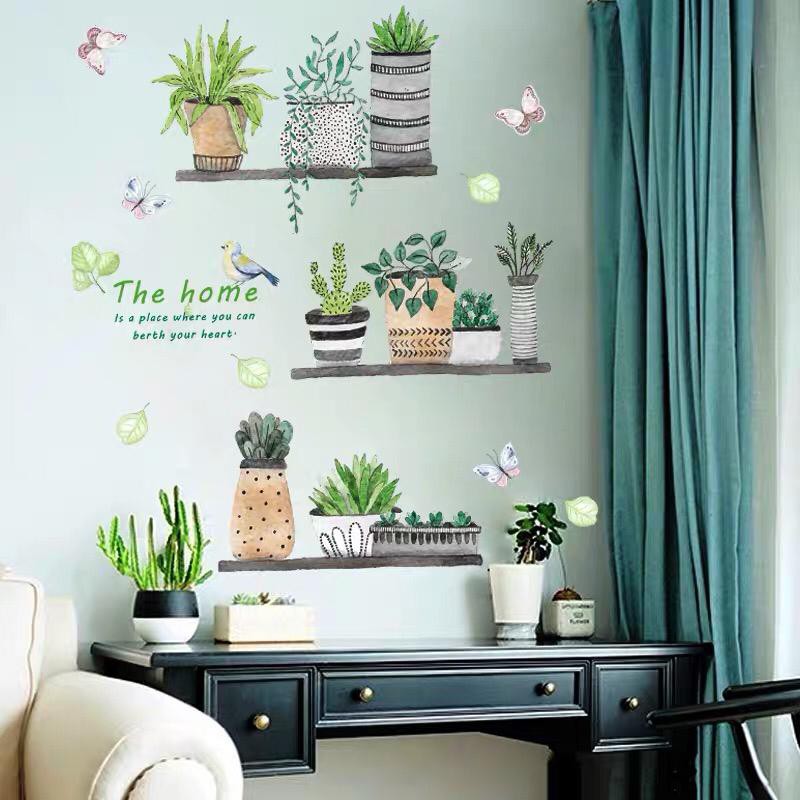 Wall Sticker Minimalist Cactus Pot Flower Jungle Simple Airbnb Homestay ...