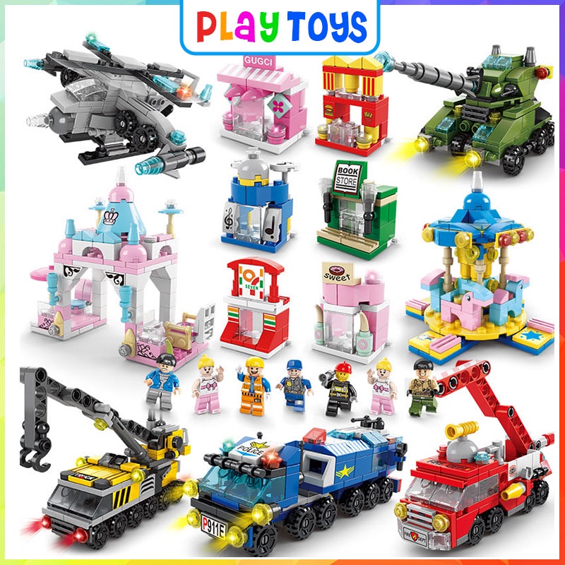 Minifigure 6 In 1 Building Blocks DIY Police Car Fire Truck Castle ...