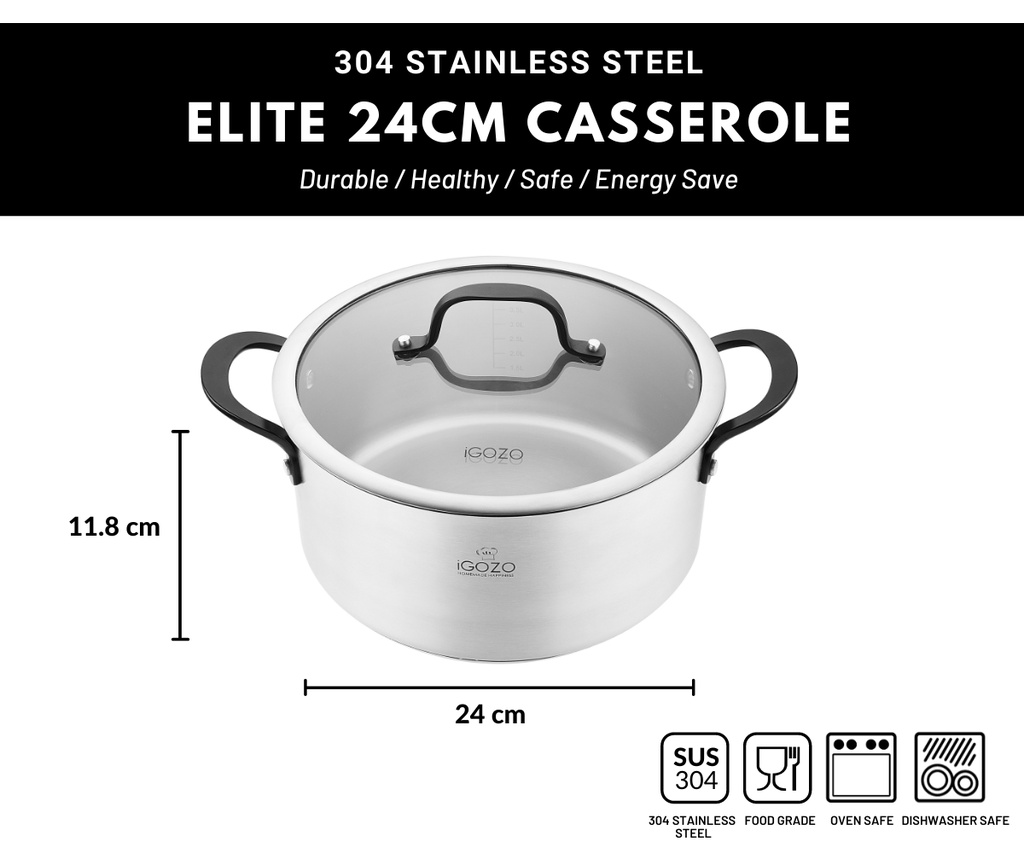 iGOZO Elite 24cm 304 Stainless Steel Casserole with Tempered Glass Lid