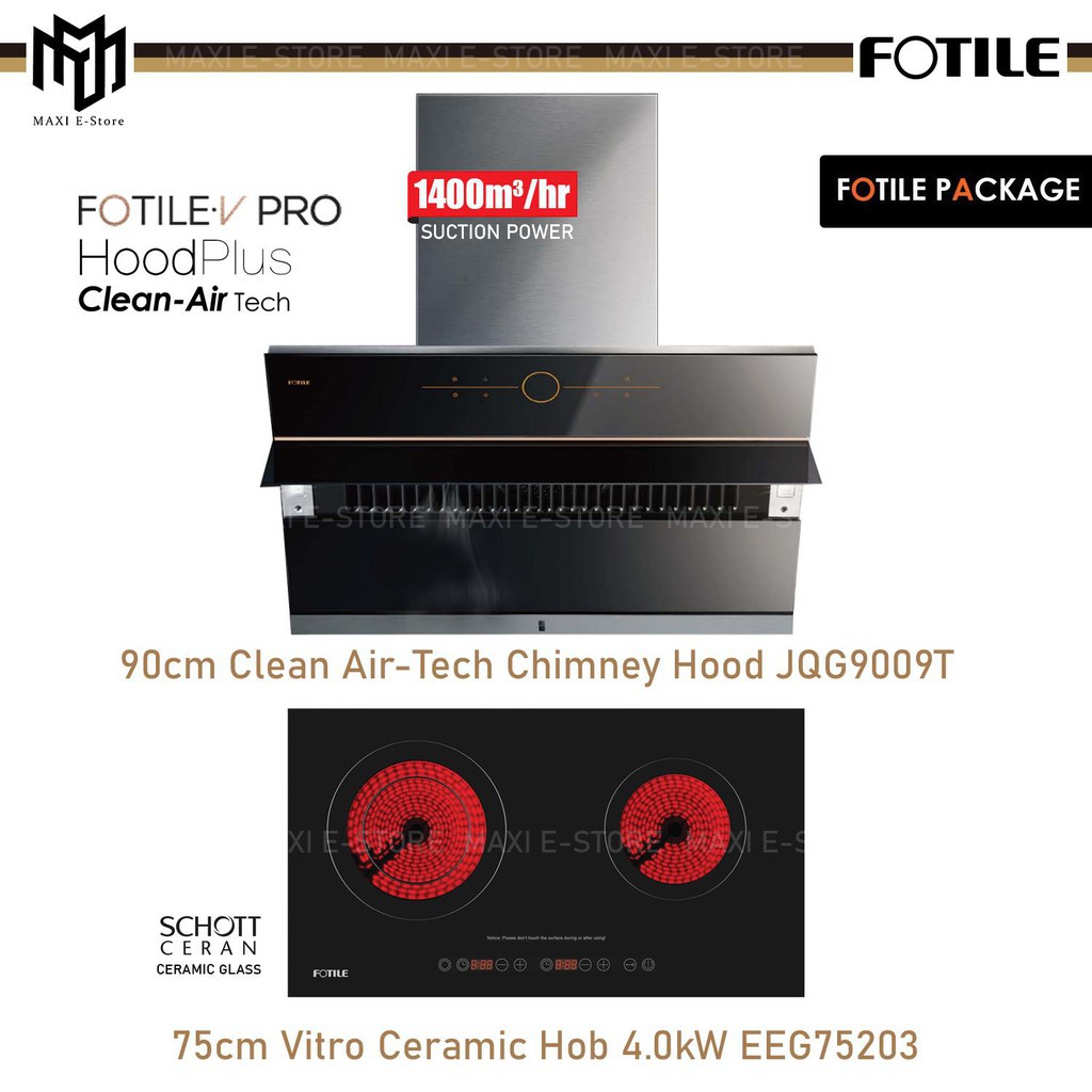 Fotile JQG9009T Chimney Hood 1850m3h + Fotile Vitro Ceramic Hob EEG75203