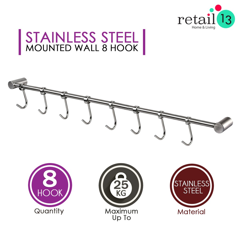 KITCHEN 8 SLIDING WALL HOOKS MOUNTED RAIL RACK MULTIPURPOSE STAINLESS ...