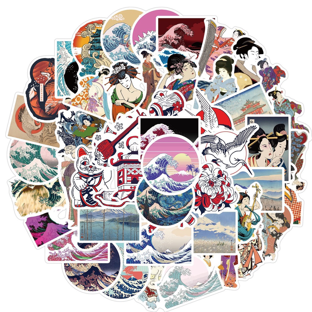 50 pcs Kanagawa Wave Japan Ukiyo-e Waterproof PVC Stickers For Luggage ...