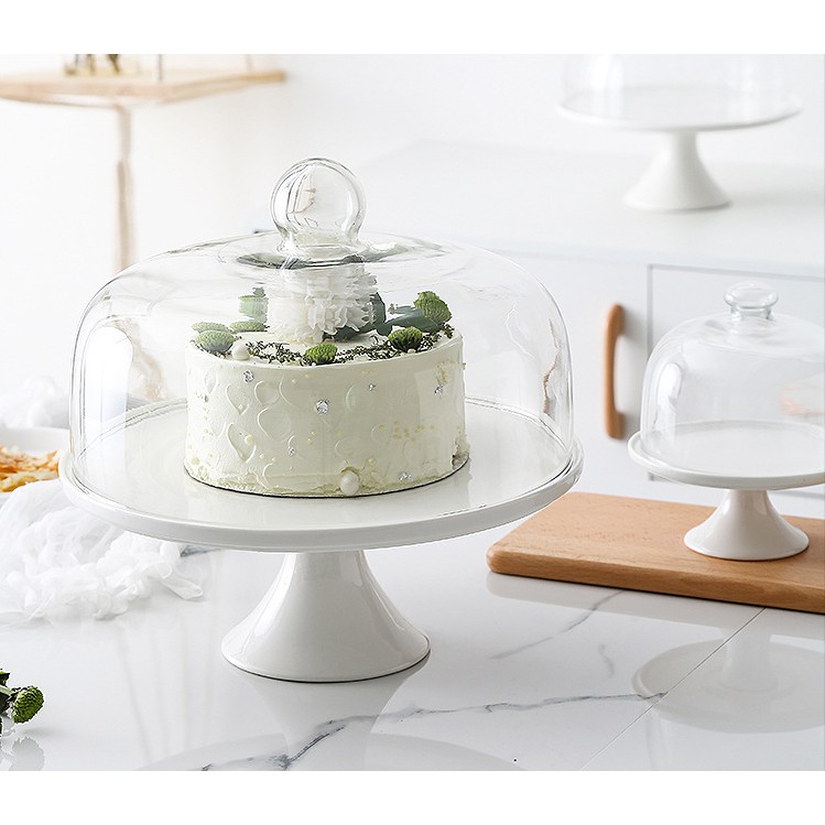🔥Ready Stock🔥 Ceramic Cake Stand with Glass Cover Tall Birthday Wedding
