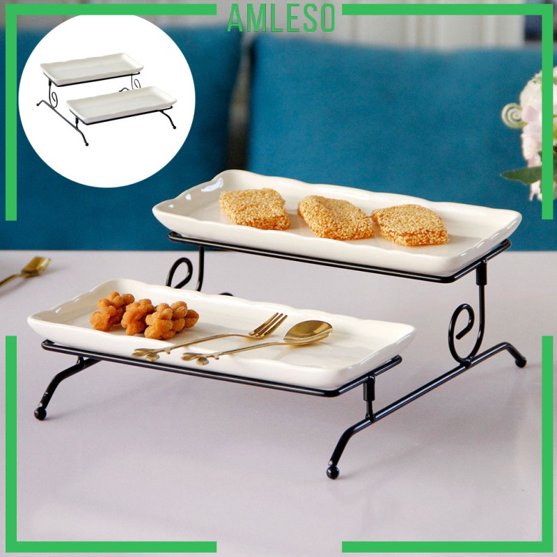 2 Tier Serving Stand with 2 Porcelain Serving Platters for Dessert