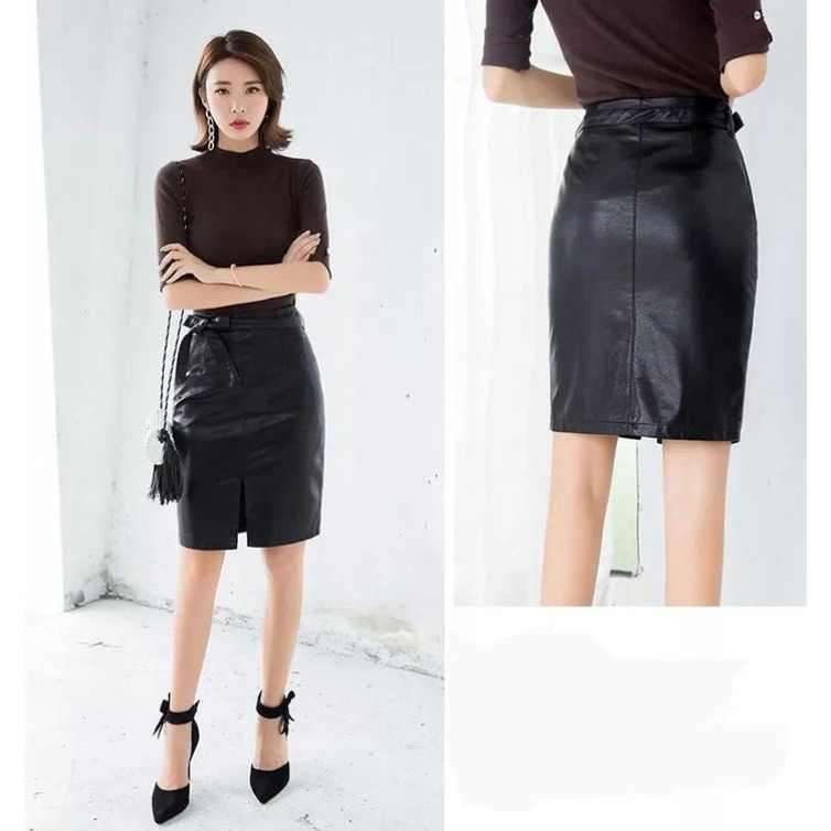 Synthetic Leather Skirt Midi Skirt Leather Skirt Model Pencil Wrap Body