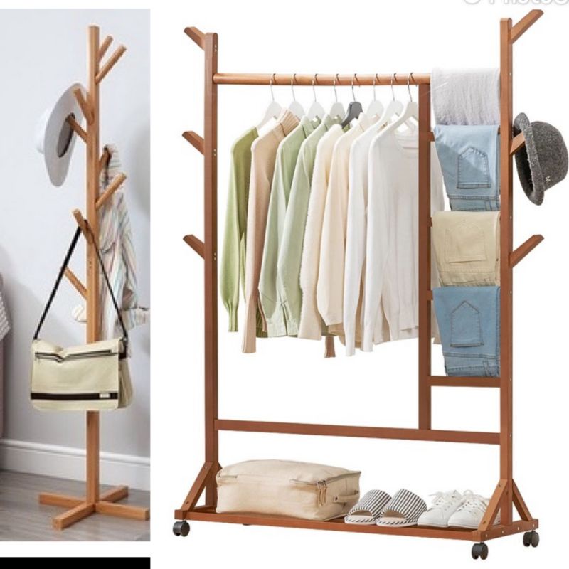 Solid Wood Modern Bamboo Wooden Clothes Rack Multi-Function Coat ...