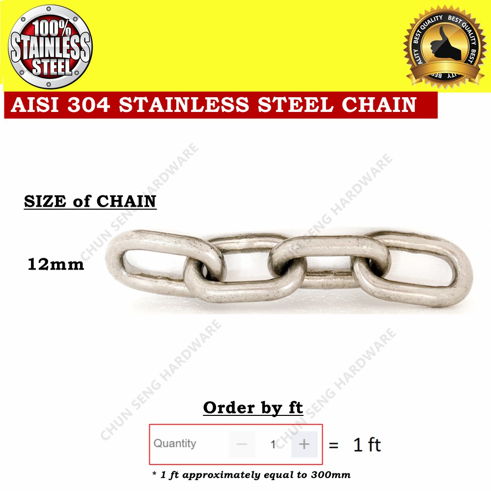 AISI 304 STAINLESS STEEL CHAIN LINK RANTAI PANJANG 12mm PER FT 100% NO ...