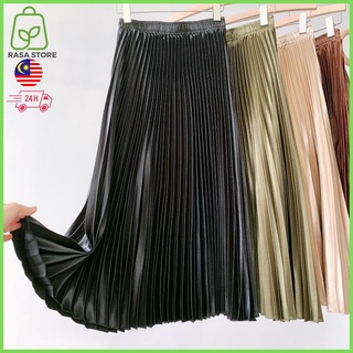 Satin Pleated Skirt High Waist Retro Long Skirt Labuh Kembang