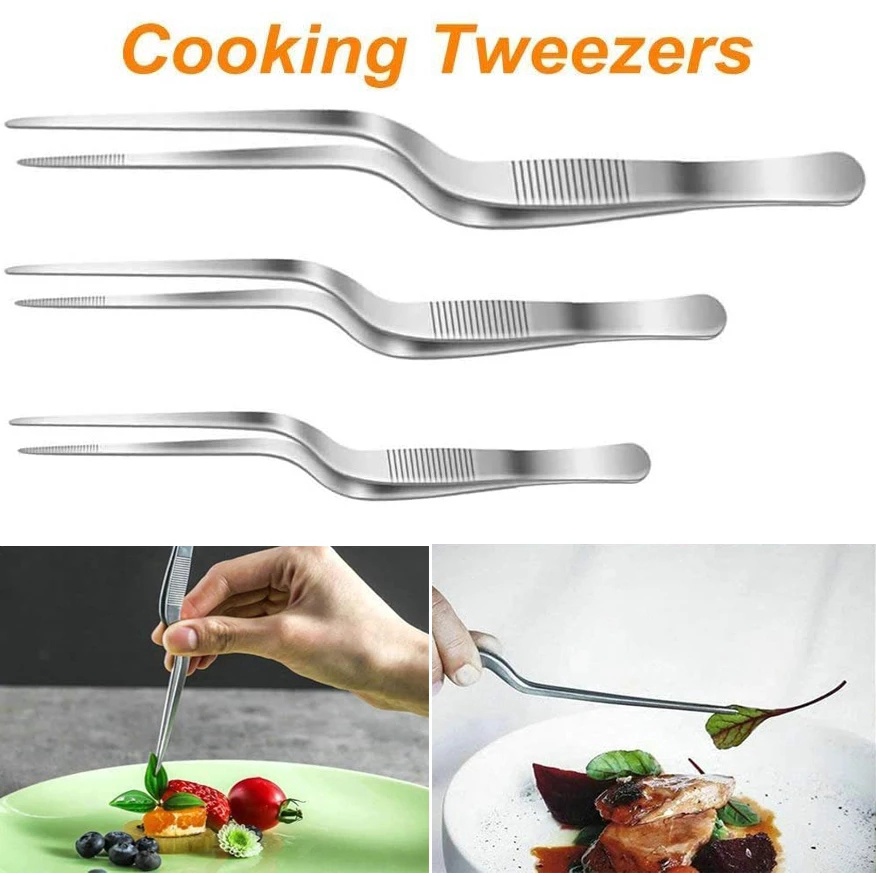 Stainless Steel Precision Kitchen Chef Tongs,Offset Tweezers for Food