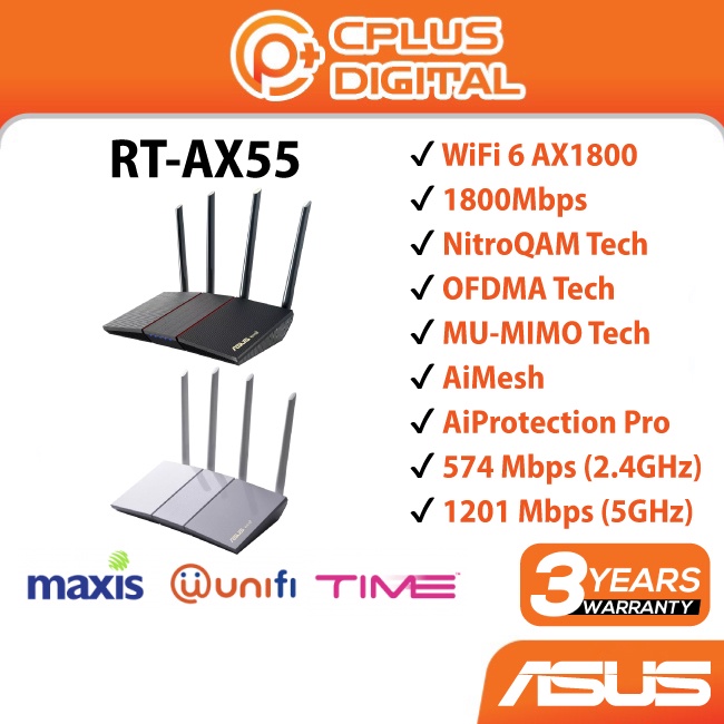ASUS Router RT-AX55 AX1800 Dual Band WiFi 6 Router AI-Mesh MU-MIMO and ...