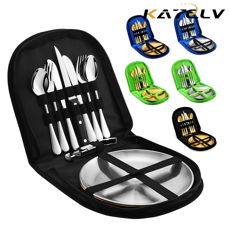 Hot Sale Portable Camping Picnic Cutlery Set with Plate Bottle Opener