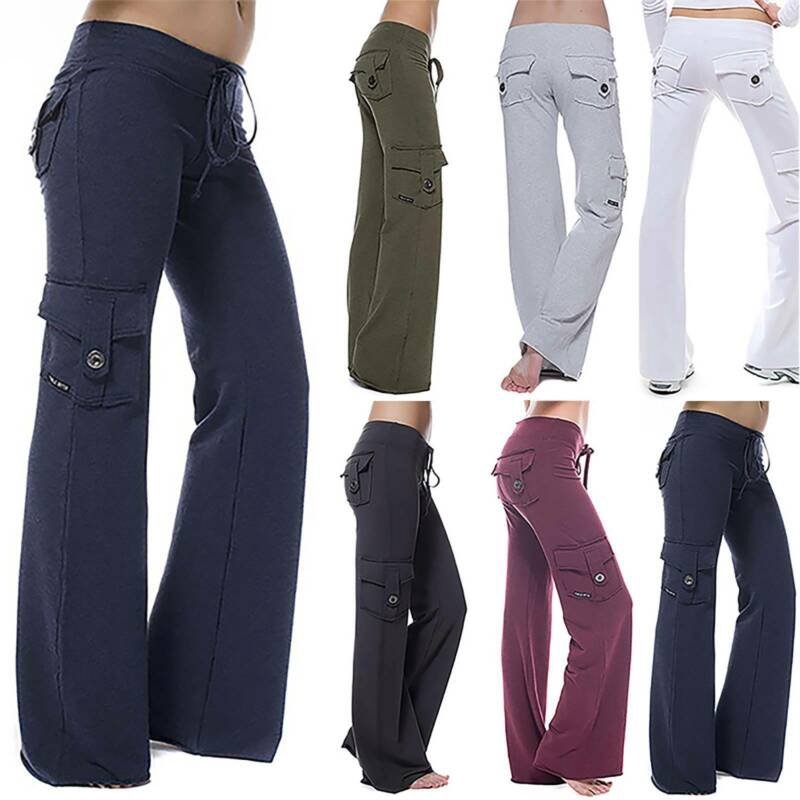 Womens Drawstring Elastic Yoga Pants Wide Leg Boot Cut Combat Cargo Sport