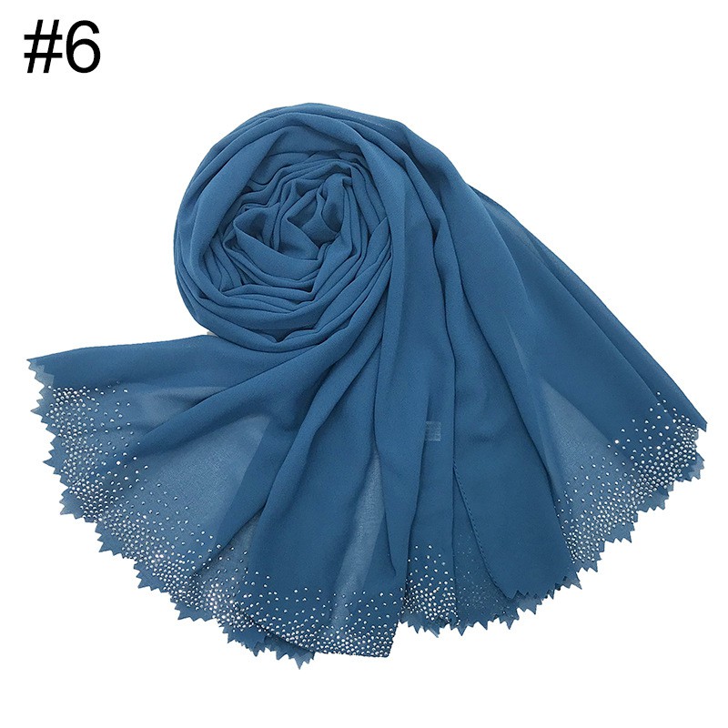 Jifang Women Plain Chiffon Muslim Hijab Shawl Cut Lace Brim Rhinestones Islamic Chiffon Scarf