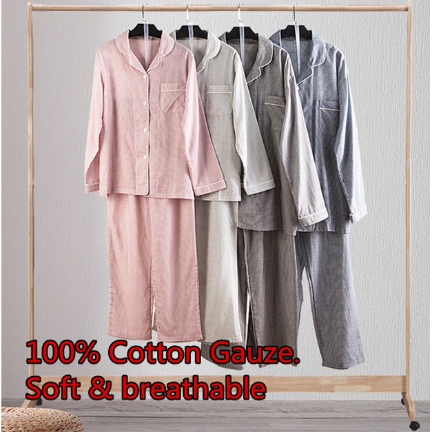 Ready stock ]Muji Style Women Men 100% Cotton Gauze Long Sleeve