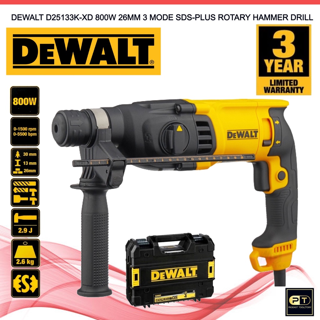 Dewalt D25133KXD 800W 26mm 3 Mode SDS Plus Rotary Hammer Drill