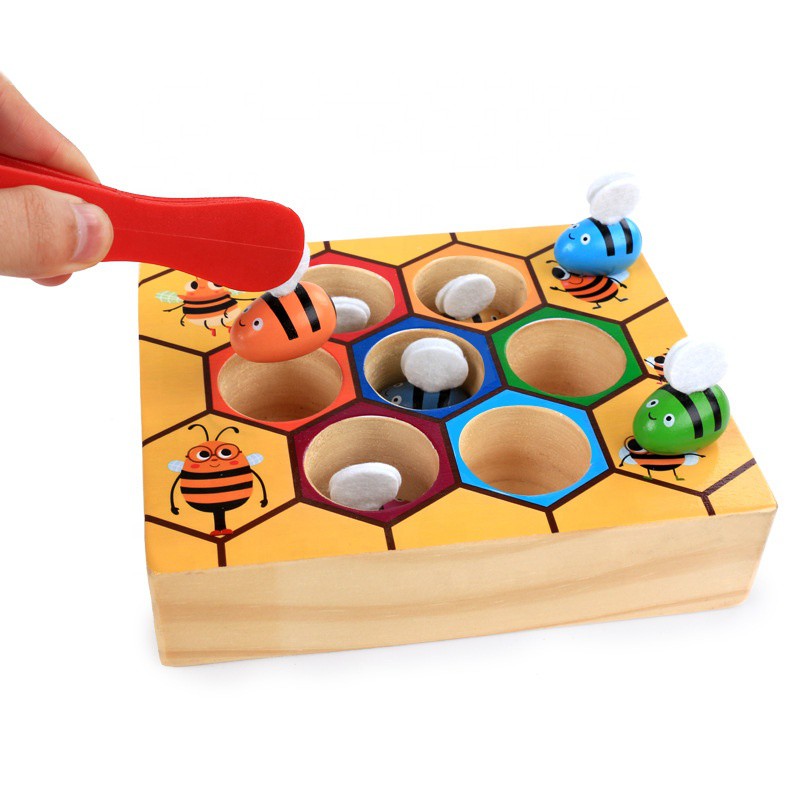 Wooden Beehive Toy Color Matching Colour Sorting Little Bee Clip Toy ...