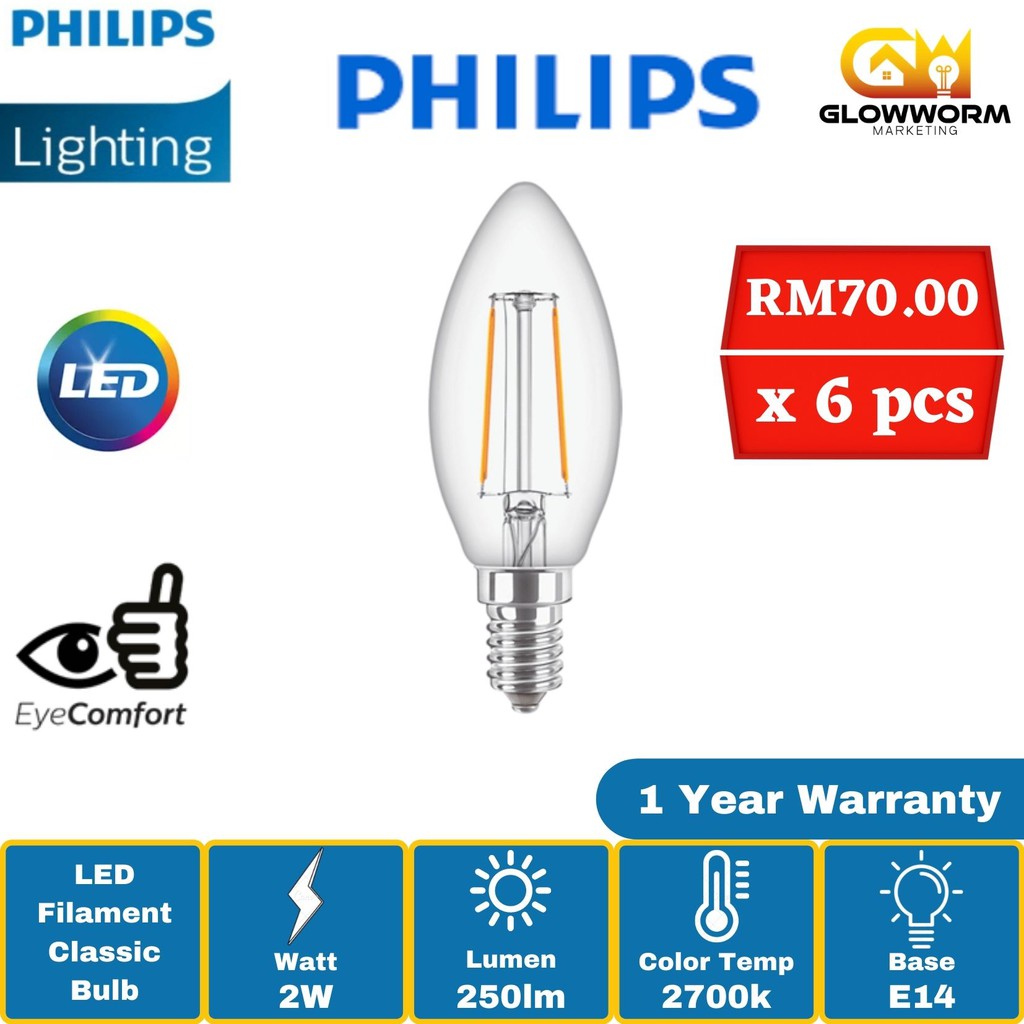 Philips LED Filament Classic B35 E14 (2W 2700k) | Shopee Malaysia