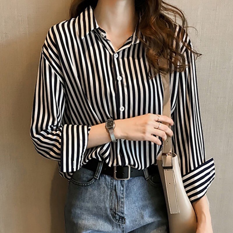 Korean Woman Blouse Casual Long Sleeve Stripes Print Off Shoulder Crop ...