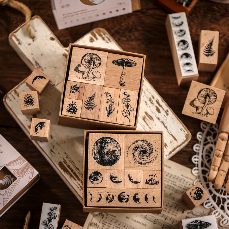 Journal Go 7pcs Set Vintage Plants Phases Of The Moon Standard Wood