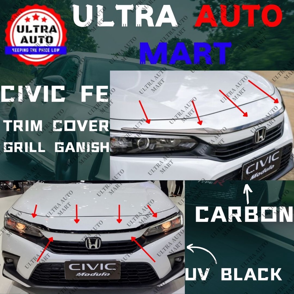 Honda Civic FE Front Grill Ganish 11th Gen Civic 2022 Hood Cover Trim Carbon Glossy Black