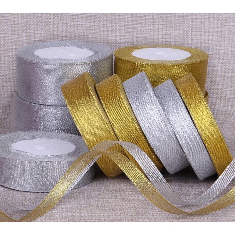 (22 Meter @ per roll) 1cm/2cm/3cm/4cm Gold Silver Ribbon Metal Shiny ...