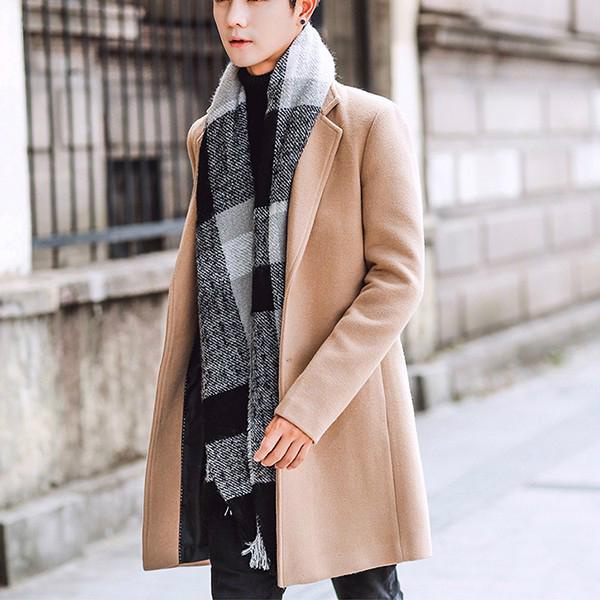 Autumn winter casual slim fit stand collar scarf detachable stylish woolen overcoat jacket for men best sale