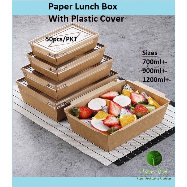 (50pcs) Paper Lunch Box with Plastic Lid / Kraft Brown Paper Lunch Box