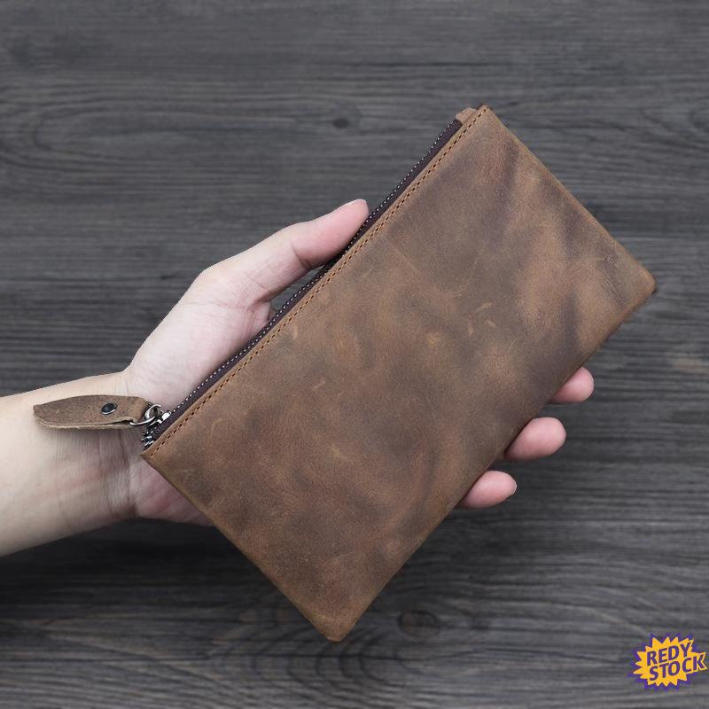 【High Quality】 Beg duit lelaki long leather Crazy Horse Handmade Simple ...