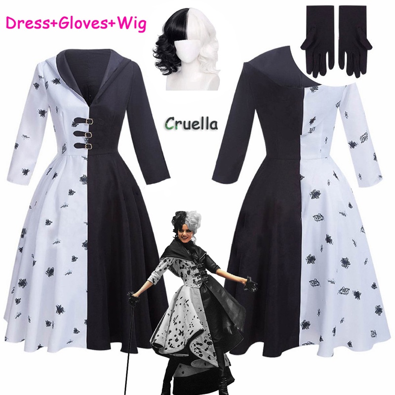 Cruella De Vil Cosplay Costume 2 Styles Women Gown Black White Maid Dress  Outfits Halloween Party | Shopee Malaysia
