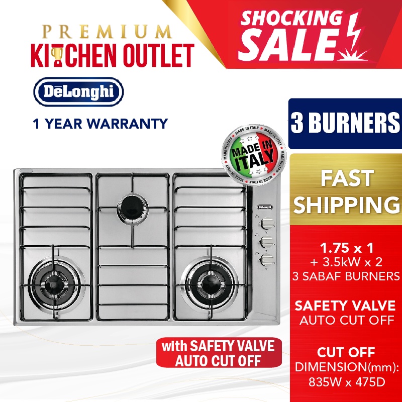 Delonghi 3 Sabaf Burners Stainless Steel Gas Hob Safety Devices IL 319