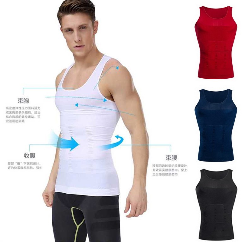 Men Body Shaper Slimming Vest Tight Tank Top Compression Shirt Tummy  Control Underwear Moobs Binder (Black, L)