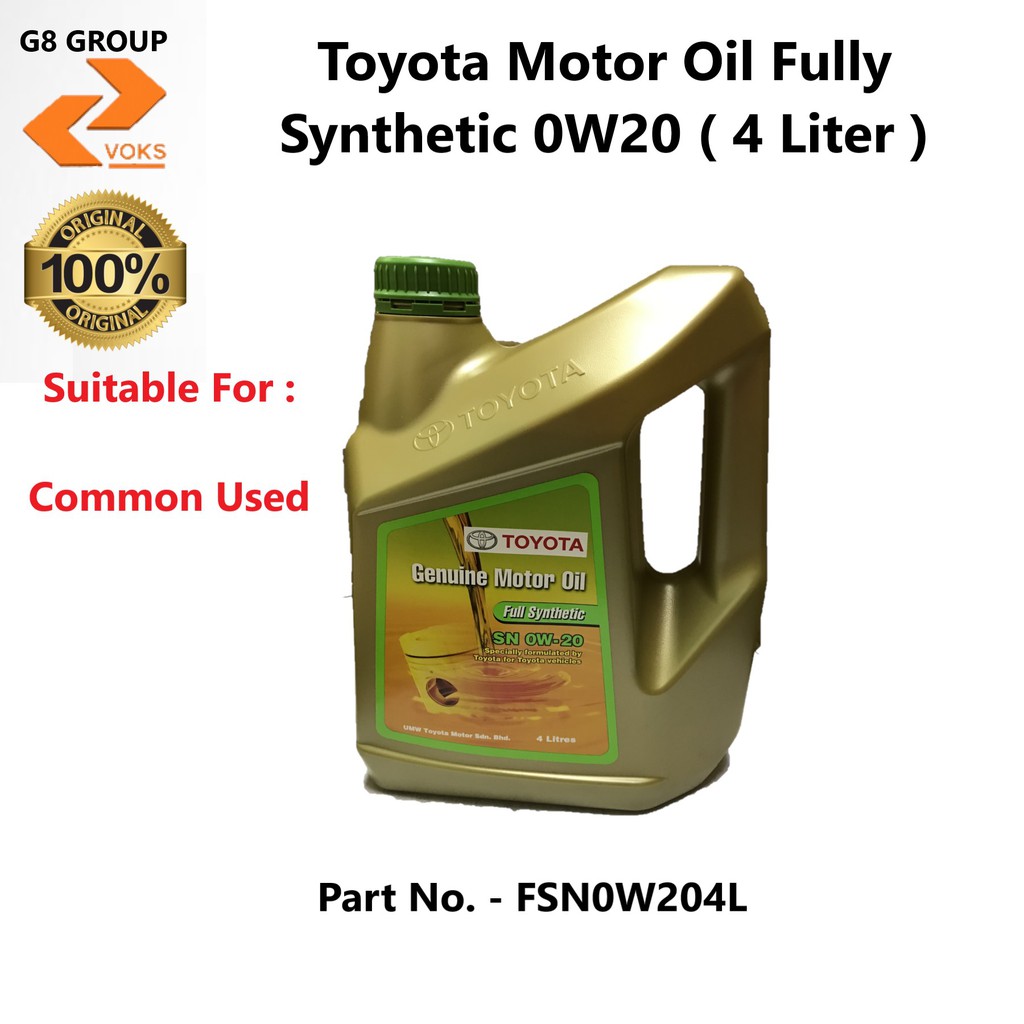 Toyota Genuine Motor Oil Fully Synthetic 0W20 ( 4L ) - ( FSN0W-204 L ...
