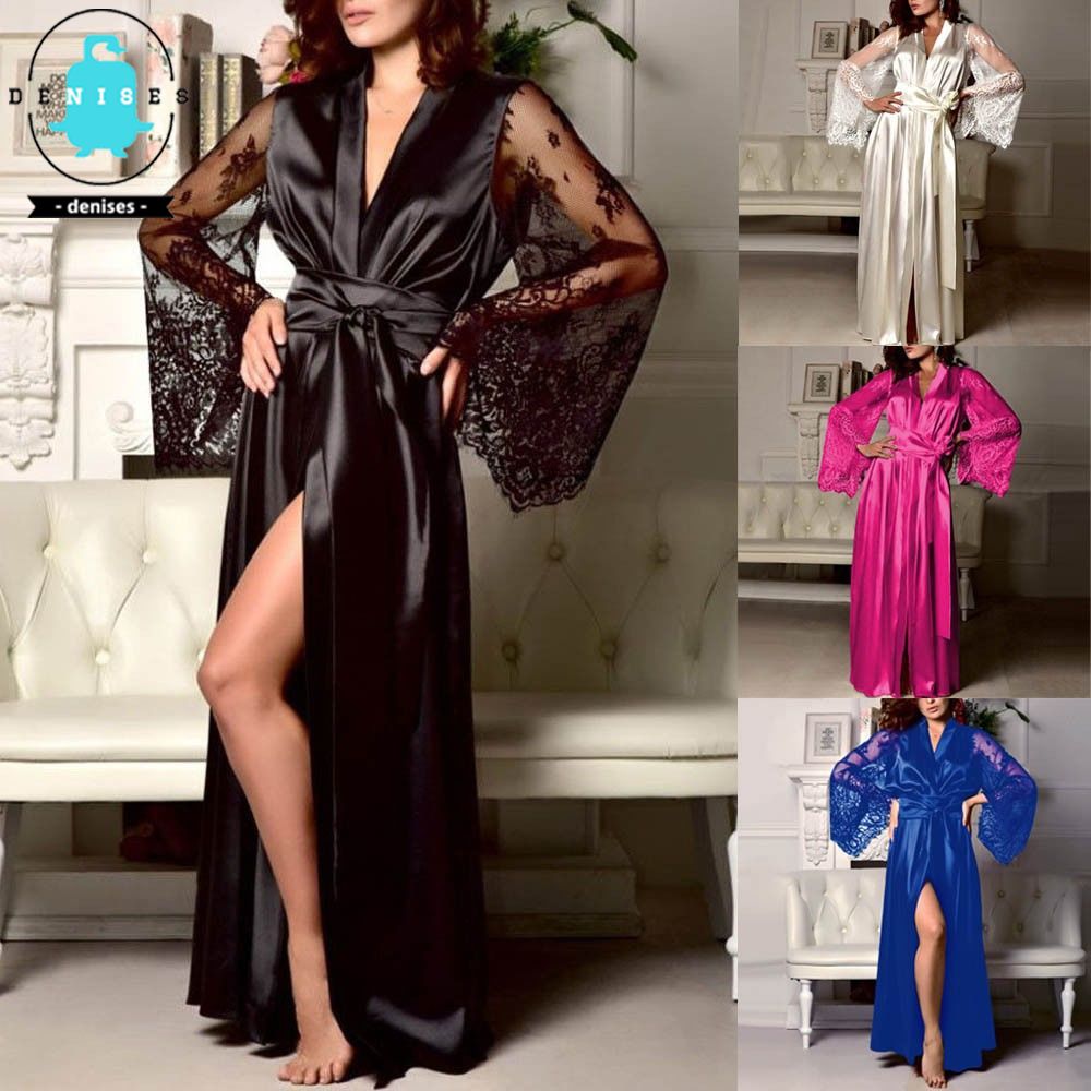 👕 D E N I S E S👕 Women Satin Long Nightdress Silk Lace Lingerie