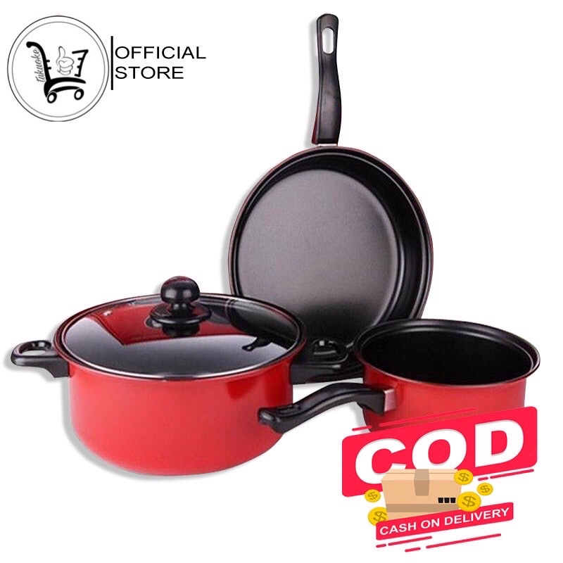 [HA] Pans SET Pots BLUE/PINK 3IN 1 NonStick Pans Fill 3 Glass Lids