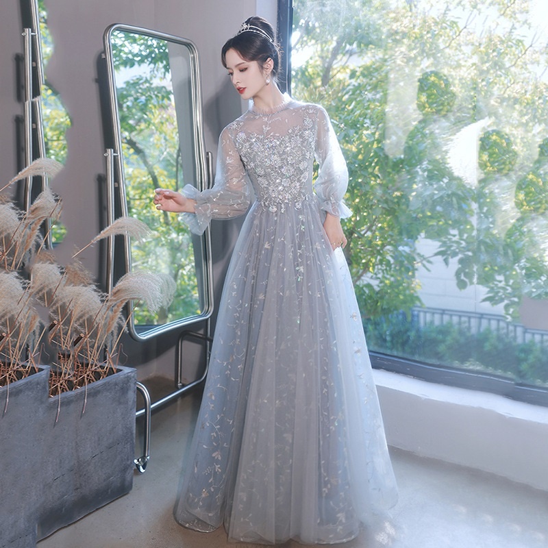 Elegant Evening Dress Long Sleeve Flower Embroidery Slim A line Dresses Banquet Fairy Birthday Party Annual Dinner Gown Shopee Malaysia