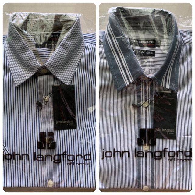 JOHN LANGFORD OF LONDON Men's Shirt - Size Medium (Navy Blue and White  Stripe)