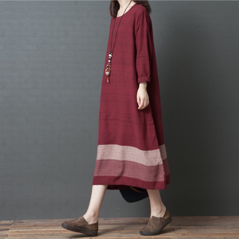2022 Spring Style Korean Loose Large Size Kaftan Viral Terenganu Murah Casual Cotton Linen Dress Kaftan Batik Striped Long-Sleeved Mid-Length Dress