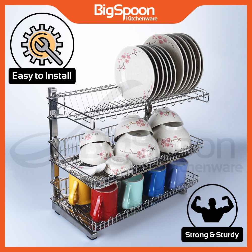 BIGSPOON 2/3 Tier Dish Rack Stainless Steel Kitchen Dish Drainer Rack ...