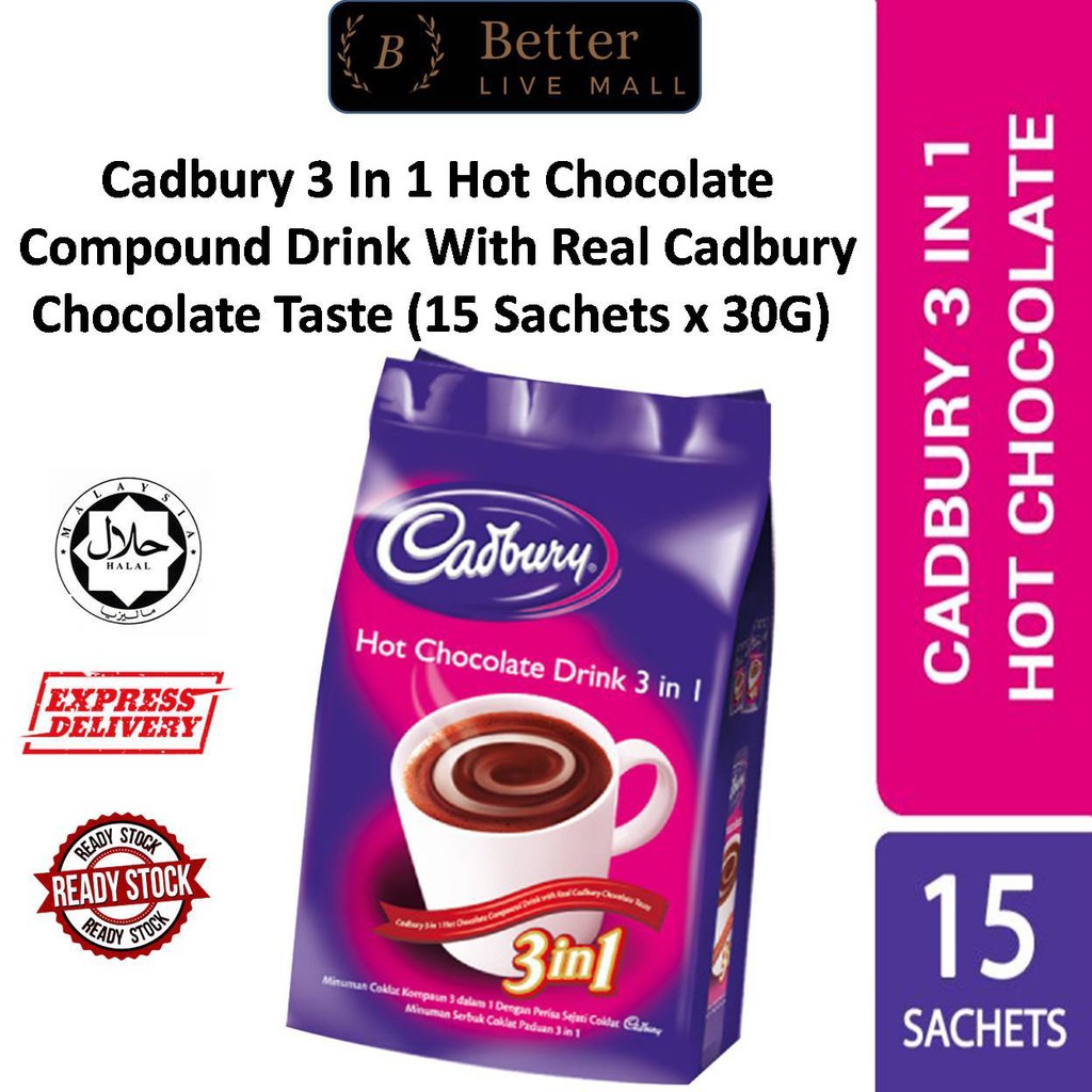 Cadbury 3 In 1 Hot Chocolate Compound Drink With Real Cadbury Chocolate Taste 15 Sachets X 30g