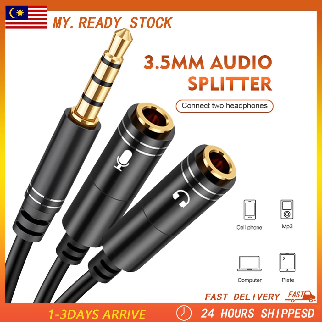 3.5mm Earphone Audio Cable Micphone Y Splitter Adapter 1 Female to 2 ...