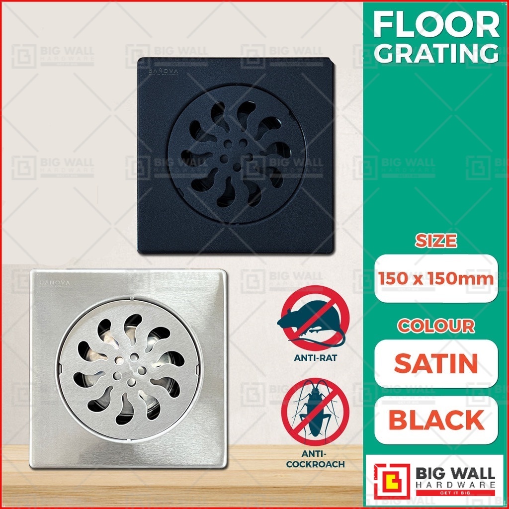 Stainless Steel Floor SN / Black Grating 6'x 6''Anti Insect Anti Coackrach Anti Smell Floor Trap