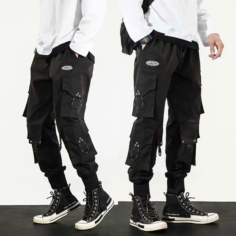 Cargo pants【Size S-5XL】Black trousers Korean style men's drawstring pants  Training pants Multi-pocket Fishing pants hiking pants Wear-resistant