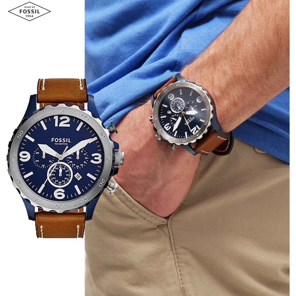 (Real Photo)AuthenticFossil Nate Chronograph Blue Dial Brown Leather ...